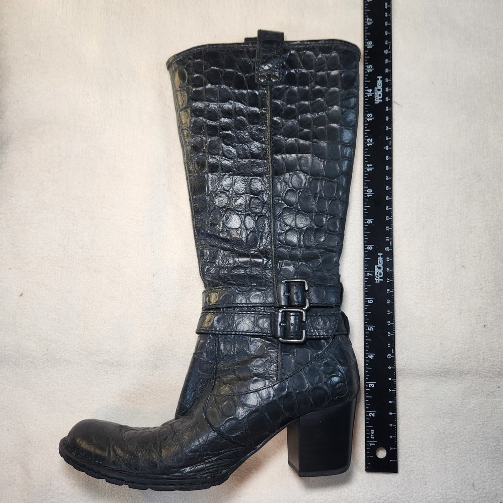 BØRN Lewisa Leather Riding Boot Womens 7.5 Black Textured Croc Embossed Heeled - Picture 10 of 11